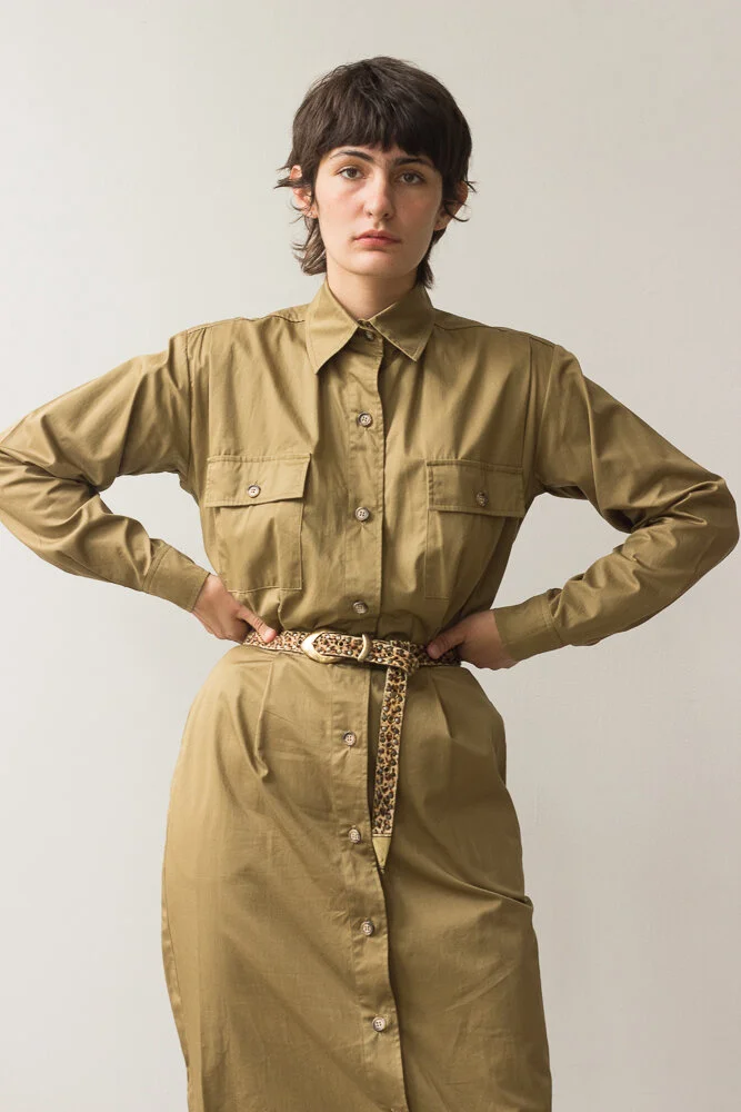1980s Calvin Klein Classifications Khaki Safari Dress Wayward Collection
